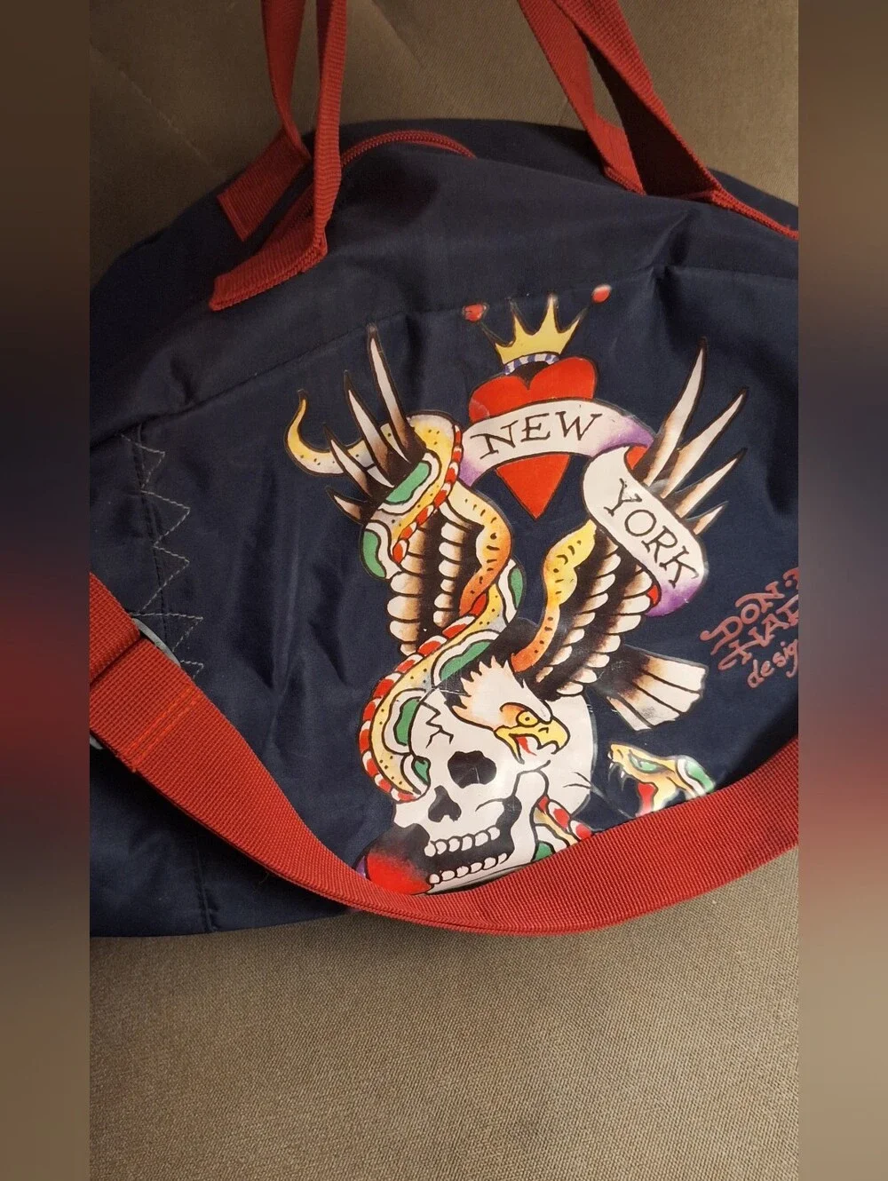 Ed Hardy Navy & Red New York Graphic Duffel